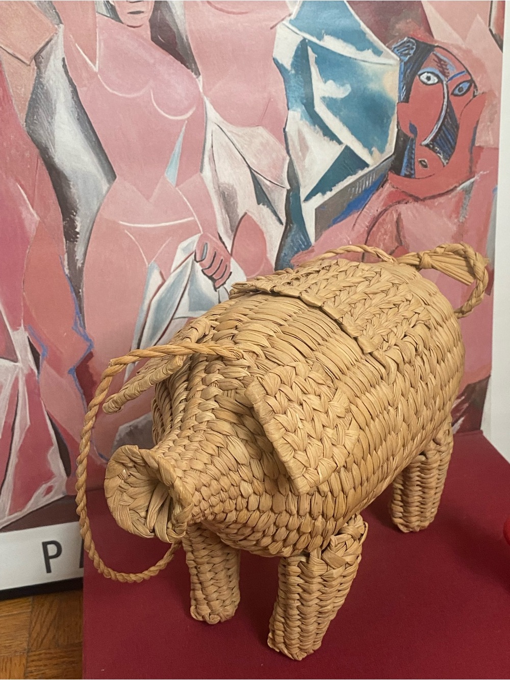 Unique Handwoven Raffia Straw Shoulder Bag w/ Pig-Inspired Shape